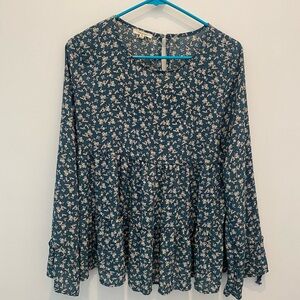 Maurices Blue Ruffled Long Sleeve Blouse Top Small Floral Blue White